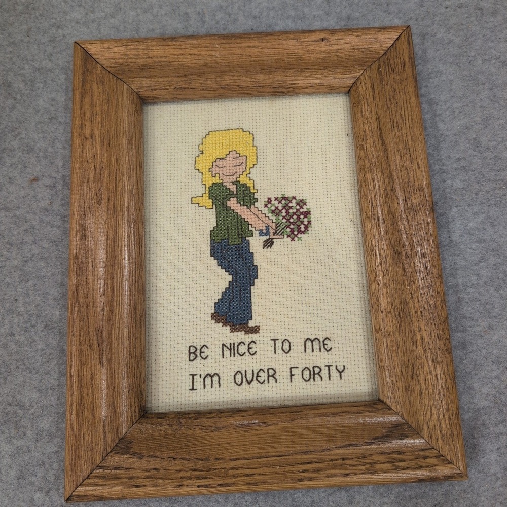 Vintage Be Nice To Me I'm Over Forty Framed Cross‎ Stitch Wall Art Wood Frame